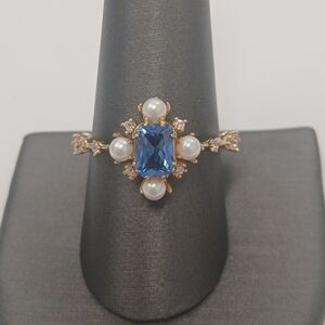 NEW! 18k Gold Filled Pearl and Blue Gem Snowflake Ring By Goldoro Size 10